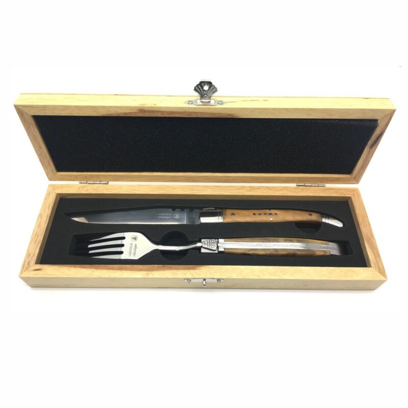 Laguiole Steakmesser + Steakgabel Set, Olivenholz